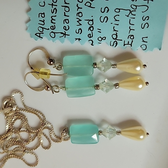 Aqua chacedony and pearl necklace and earring set- sterling silver - Picture 2 of 5